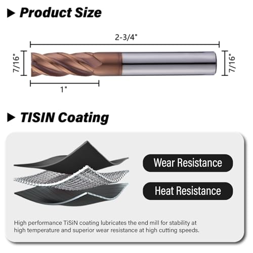 7/16" Carbide Square End Mills Set 4 Flute HRC55 TISIN Coating 3PCS - size: 7/16 in