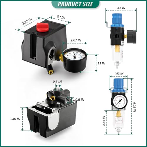 4 Way Air Compressor Pressure Switch Control Valve Kit 120-155 PSI, Lateral Port Replacement Parts, 110V-240V, With AFR2000 Air Filter Pressure Regulatorand Safety Pressure Relief Valve - size: 120-155 PSI