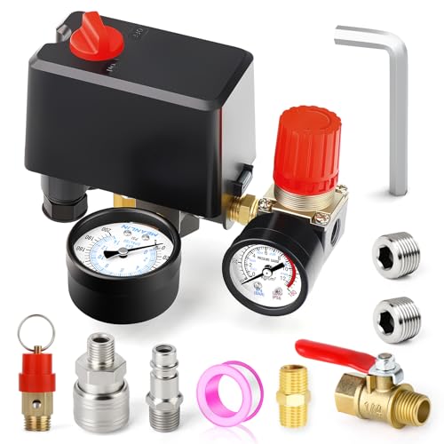 MEANLIN MEASURE Air Compressor Pressure Switch Control Valve 120-150 PSI 110V-240V 4-way Replacement Parts With 0-200 Psi Air Compressor Regulator and Safety Pressure Relief Valve - style: Adjustable Model