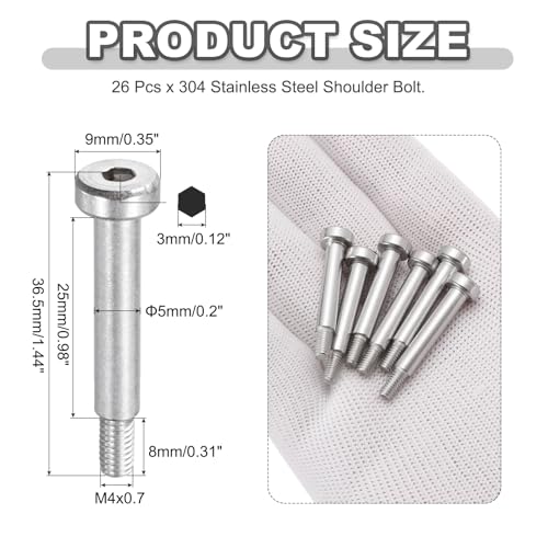 MECCANIXITY 26 Pcs 304 Stainless Steel Shoulder Bolt 5mm Shoulder Dia 25mm Shoulder Length M4x0.7 Thread Hex Socket Shoulder Bolts for Hydraulic Injection Molding Machinery Industries - size: 5mm x 25mm