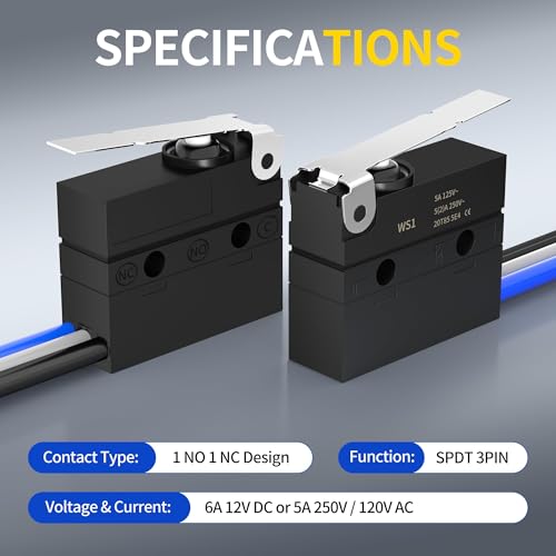 Joinfworld Waterproof Micro Limit Switch with Hinge Lever 6A 12V DC Lever Microswitch SPDT 3 PIN 5A 250VAC with Pre-Wired - 2 Pack - style: WS1-Hinge Lever