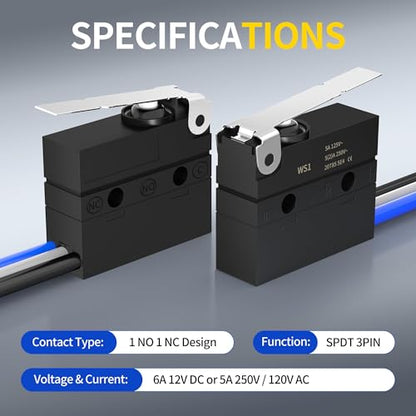 Joinfworld Waterproof Micro Limit Switch with Hinge Lever 6A 12V DC Lever Microswitch SPDT 3 PIN 5A 250VAC with Pre-Wired - 2 Pack - style: WS1-Hinge Lever