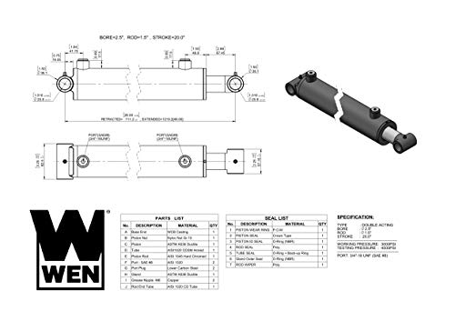 WEN Cross Tube Hydraulic Cylinder with 2.5-inch Bore and 20-inch Stroke (WT-2520)