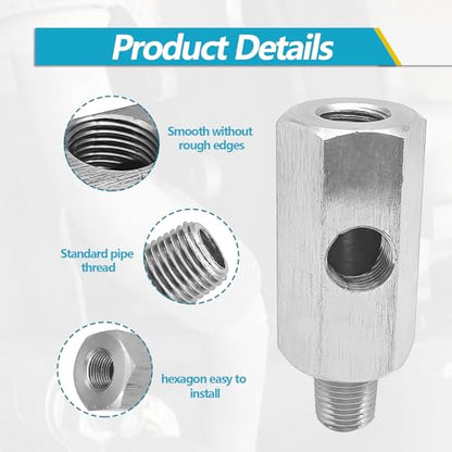 Stainless Steel Oil Pressure Sensor Adapter, With 1/8 NPT tee Oil Pressure Gauge Fitting Turbo Supply Feed line Connector for Turbo Supply Feed Line/Oil Pressure Gauge