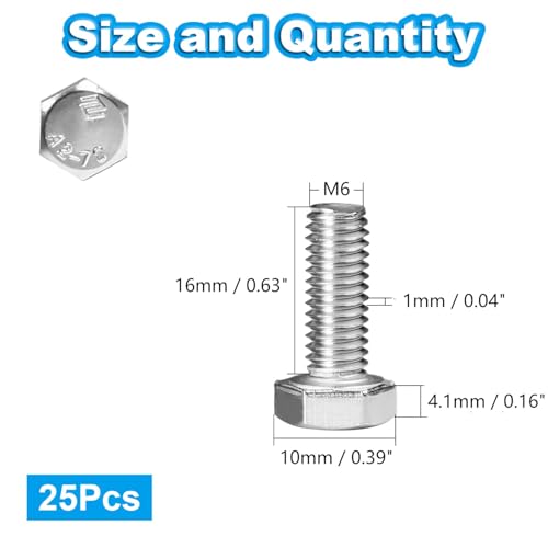 25 Pcs M6 Hex Bolts M6-1.0 x 16mm Hex Head Screw Bolt - size: M6-1.0 x 16mm