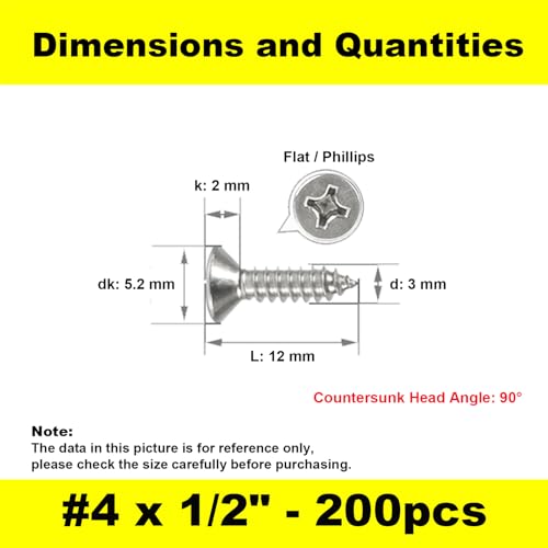 #4 x 1/2" (M3x12mm) 304 Stainless Steel Flat Head Wood Screws, 200pcs - size: #4 x 1/2''-200pcs