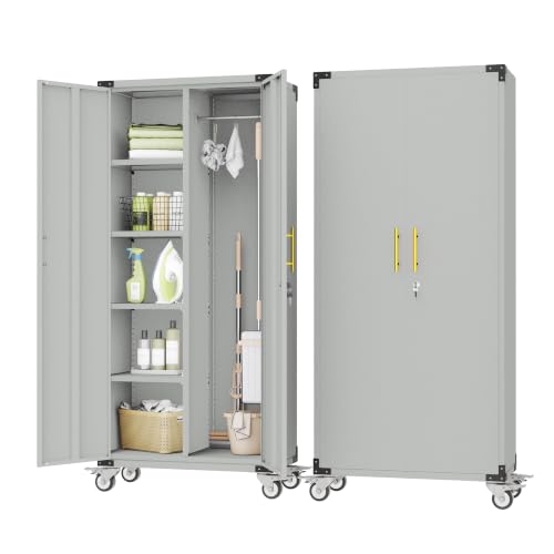 pozdeg 71" Rolling Lockable Metal Broom Closet Storage Cabinet, Grey White - color: Grey White, size: 15.7"D x 31.5"W x 71"H