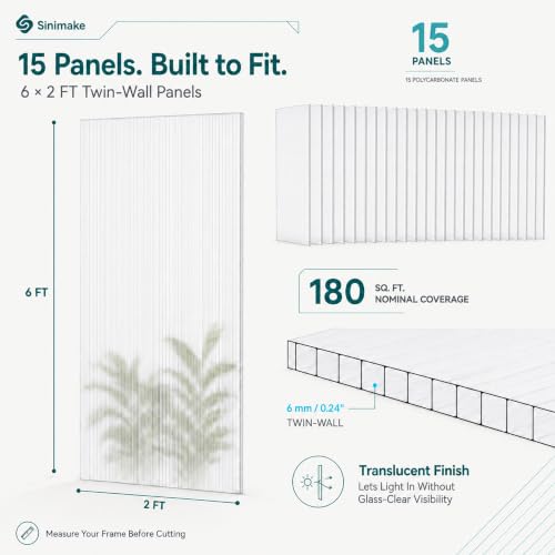 Sinimaka 15-Pack Polycarbonate Greenhouse Panels, 6 x 2 ft, 0.24 in 6mm Twin-Wall Sheets, UV-Coated Translucent Roof Replacement for Greenhouses and Cold Frames - style: 6' x 2' x 0.24" 15Pack