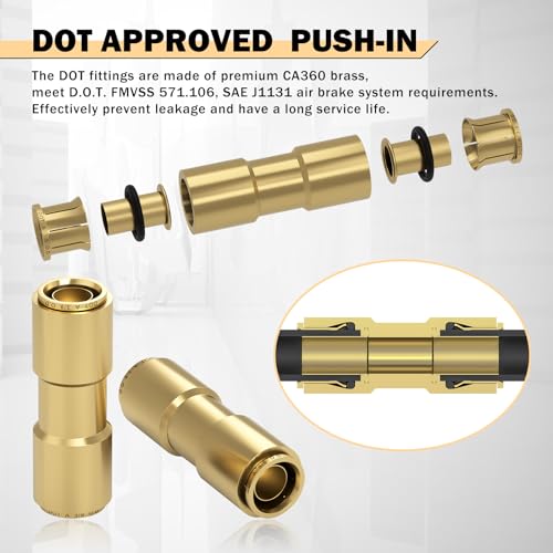 CheeMuii 6PCS 3/8" Brass DOT Air Line Fittings DOT Brass Straight Union - size: 3/8IN-6PCS