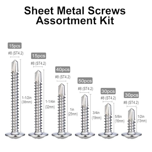 VGBUY 180Pcs #8 Self Tapping Screws Assortment Kit, 410 Stainless Steel Self Drilling Screws for Metal, 6 Sizes (1/2", 5/8", 3/4", 1", 1-1/4", 1-1/2") Modified Truss Head Sheet Metal Screw - color: Silver
