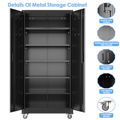 Aobabo Metal Garage Storage Cabinet with Wheels and Pegboard, Black