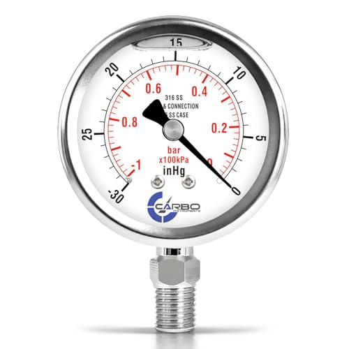 Vacuum Pressure Gauge 0 to -30 inHg, Liquid Filled, 2.5" Dial, 1/4 NPT Lower Mount, 316 SS Case, 316 SS Wetted Parts, inHg/Bar - ASME B40.1 Grade A - size: 0 to -30 inHg, style: STANDARD