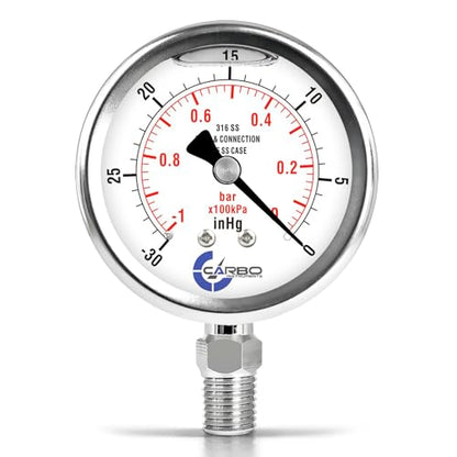 Vacuum Pressure Gauge 0 to -30 inHg, Liquid Filled, 2.5" Dial, 1/4 NPT Lower Mount, 316 SS Case, 316 SS Wetted Parts, inHg/Bar - ASME B40.1 Grade A - size: 0 to -30 inHg, style: STANDARD