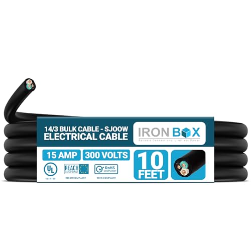IronBox Electric 14/3 Bulk Cable - SJOOW Electrical Cable - 3 Wire Conductor, 15A, 300V - Water and Oil Resistant - Heavy Duty Portable Outdoor Extension Cord for Generator, HVAC Systems & More (10ft) - size: 10 ft