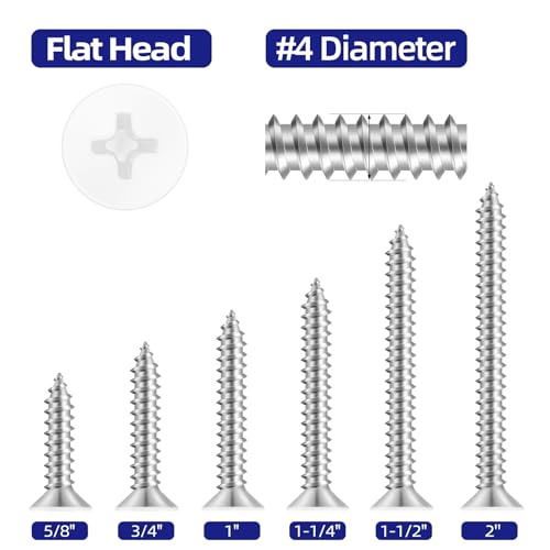 #4 x 1 Flat Head Self Tapping Screws, White Head Wood Screw, 304 Stainless Steel 18-8, Screwdriver Bit Included, 200 PCS - color: White, size: #4 x 1"