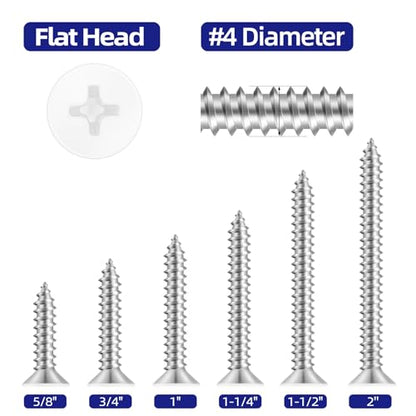 #4 x 1 Flat Head Self Tapping Screws, White Head Wood Screw, 304 Stainless Steel 18-8, Screwdriver Bit Included, 200 PCS - color: White, size: #4 x 1"