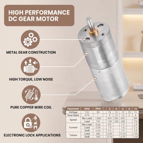 12V DC Geared Motor 25GA-370 Mini Gear Reduction Motor with Metal Gears Low Noise Electric Motor for Electronic Lock Robot Smart Home DIY Projects 300RPM - size: 300RPM