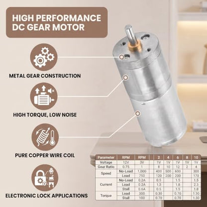 12V DC Geared Motor 25GA-370 Mini Gear Reduction Motor with Metal Gears Low Noise Electric Motor for Electronic Lock Robot Smart Home DIY Projects 300RPM - size: 300RPM