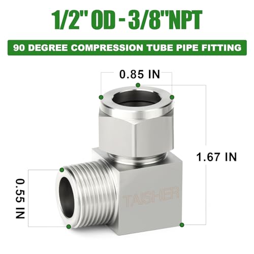 TAISHER 2PCS 304 Stainless Steel Square 90 Degree Compression Tube Pipe Fitting Connector, 1/2" Tube OD x 3/8" NPT Male Adapter - size: 1/2" OD x 3/8" MNPT