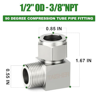 TAISHER 2PCS 304 Stainless Steel Square 90 Degree Compression Tube Pipe Fitting Connector, 1/2" Tube OD x 3/8" NPT Male Adapter - size: 1/2" OD x 3/8" MNPT