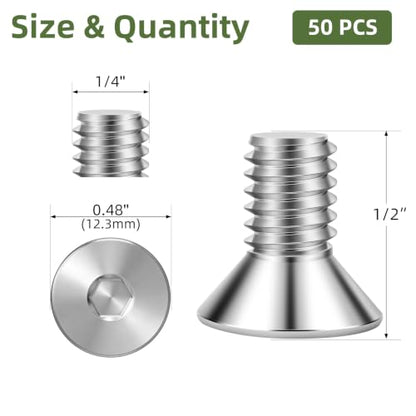 50 PCS 1/4"-20 x 1/2" Flat Head Socket Cap Screws Bolts, Countersunk Allen Bolts, Stainless Steel 304, Full Thread, Bright Finish, Screwdriver Included - color: Silver, size: 1/4"-20 x 1/2"