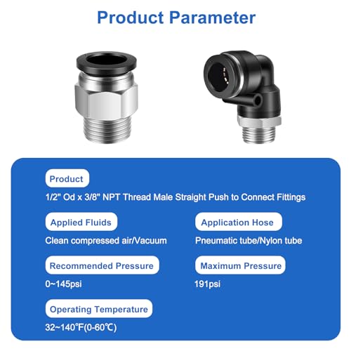 CNAODUN 12 Pcs Push to Connect Fittings 1/2 Inch Tube OD x 3/8 Inch NPT Thread Pneumatic Male Straight and Elbow Quick Connect Air line fittings - size: 1/2"OD x 3/8"NPT