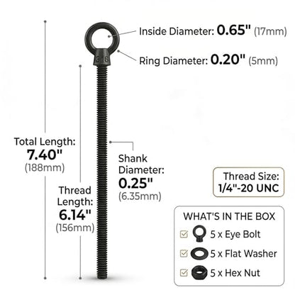 5 Pack Extra Long Black Eye Bolts 1/4" x 6 Inch with Nuts & Washers, Heavy Duty T316 Stainless Steel Threaded Lifting Eye Bolt, Marine Grade Shoulder Eyebolts for 4x4 Post & Wall - size: 1/4'' x 6inch