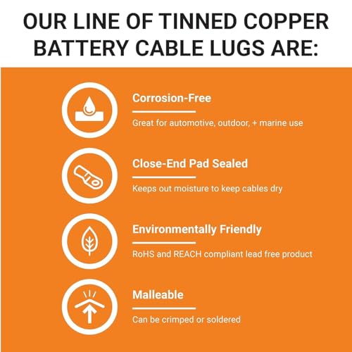 SELTERM 10pcs, 1 Awg, 5/16" Stud Marine Grade Tinned Copper Battery Lugs - color: Tinned Copper Lugs + Heat Shrinks, size: 1 Awg - 5/16" (M8) Ring