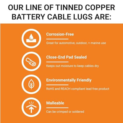 SELTERM 10pcs, 1 Awg, 5/16" Stud Marine Grade Tinned Copper Battery Lugs - color: Tinned Copper Lugs + Heat Shrinks, size: 1 Awg - 5/16" (M8) Ring