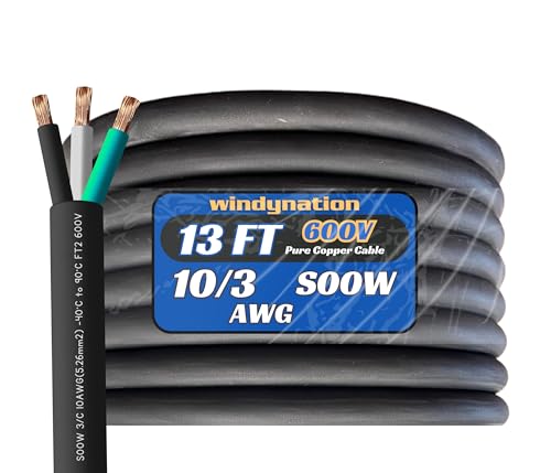 WindyNation 13 Feet 10/3 10 AWG SOOW SO Cable Cord Wire - 10 Gauge 3 Conductor 600V Portable Power Extension Cord Cable for EV Chargers, Motor Leads, Portable Lights, and Battery Chargers - size: 13 Feet
