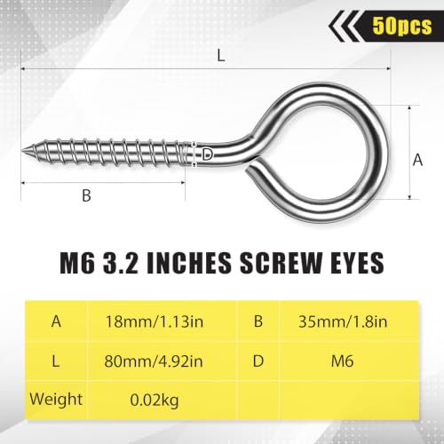 50 Pcs 304 Stainless Steel Screw Eye Hooks, M6-3.2 Inch - size: M6-3.2 Inch