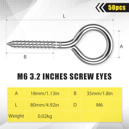 50 Pcs 304 Stainless Steel Screw Eye Hooks, M6-3.2 Inch - size: M6-3.2 Inch