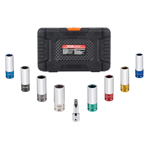 VEVOR 9-Piece Lug Nut Impact Socket Set 1/2 Inch Drive, Metric and SAE, 6-Point, CR-MO, Deep Wheel Protector Impact Socket Set With Storage Case and Extension Bar for Auto Repair - size: 1/2" 9PCS