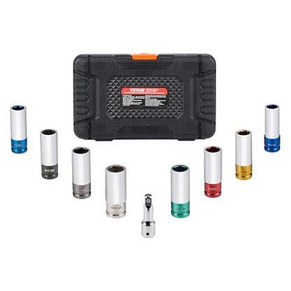 VEVOR 9-Piece Lug Nut Impact Socket Set 1/2 Inch Drive, Metric and SAE, 6-Point, CR-MO, Deep Wheel Protector Impact Socket Set With Storage Case and Extension Bar for Auto Repair - size: 1/2" 9PCS