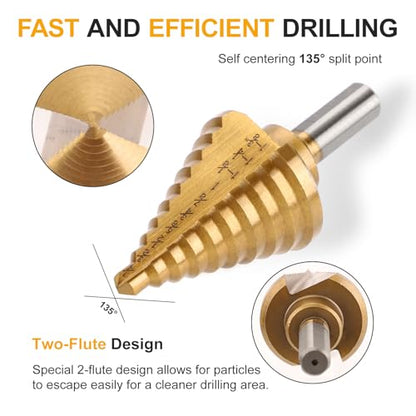 Titanium Step Drill Bit with 10 Sizes, 1/4 to 1-3/8 Inches High Speed Steel Drill Cone Bits for Sheet Metal Hole Drilling Cutting, HSS Multi Size Hole Stepped Up Unibit for DIY - style: 1PC Step Drill Bit