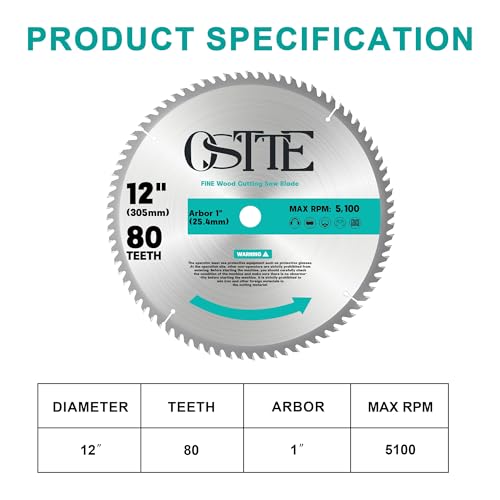 12-Inch 80T Miter Saw Blade, 1" Arbor - size: 12" 80T