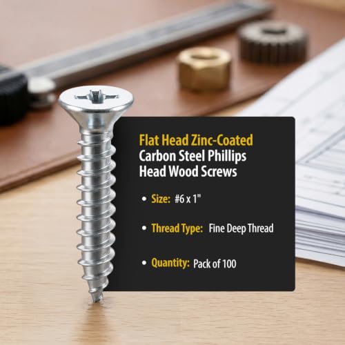 BCP Fasteners #6 x 1 Zinc-Plated Flat Head Wood Screws, 100 Pack - size: #6 x 1"