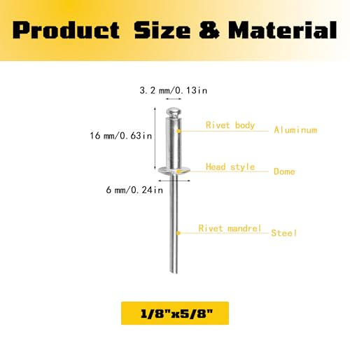 250 pack 1/8" x 5/8" Silver Pop blind Rivets, 3.2 mm x 16 mm pop rivets, Aluminum Body Steel Mandrel Rivets, Dome Head aluminum rivets (Choose Your Size) - size: 1/8" x 5/8"(3.2 mm x 16 mm)