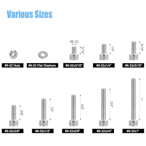 DYWISHKEY 256 Pieces #6-32 x 3/16", 1/4", 5/16", 3/8", 1/2", 5/8", 3/4", 1" Hex Socket Head Cap Screws Nuts Washers Assortment Kit, 6-32 Screw Kit, 304 Stainless Steel - size: #6-32, style: Socket Head