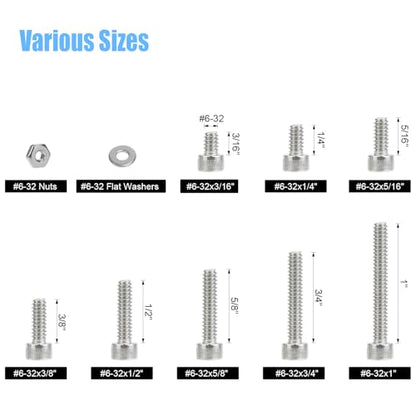 DYWISHKEY 256 Pieces #6-32 x 3/16", 1/4", 5/16", 3/8", 1/2", 5/8", 3/4", 1" Hex Socket Head Cap Screws Nuts Washers Assortment Kit, 6-32 Screw Kit, 304 Stainless Steel - size: #6-32, style: Socket Head