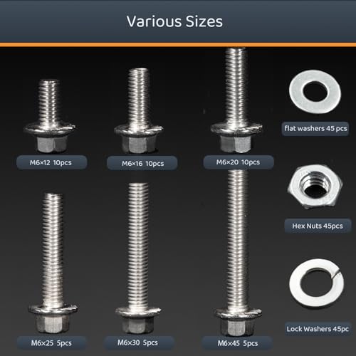 M6-1.0 x 12/16/20/30/45 Flange Hex Bolt Assortment Kit, 180pcs Stainless Steel Metric Flange Head Bolts and Nuts Set. - size: M6, style: Flange Head