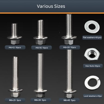 M6-1.0 x 12/16/20/30/45 Flange Hex Bolt Assortment Kit, 180pcs Stainless Steel Metric Flange Head Bolts and Nuts Set. - size: M6, style: Flange Head