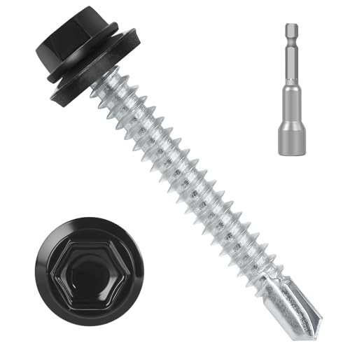 #14 x 2 (50 PCS) Black Metal Roofing Screws with Rubber Washer, Hex Head Self Tapping Screws for Metal, Self Drilling Sheet Metal Screw - size: #14 x 2"