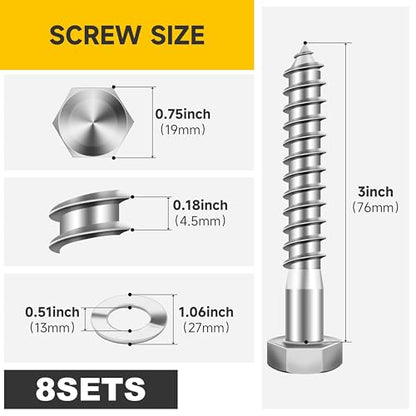 Mywish (8Sets) 1/2" x 3" Hex Head Lag Bolts, Heavy Duty Lag Screws with Washers, 304 Stainless Steel Bolts 18-8, Lag Screws Wood Screws, Partial Thread Bright Finish, 1/2 Bolt - size: 1/2 x 3" (8 set)