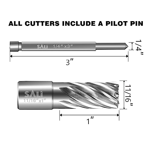 SALI Annular Cutter Diameter 11/16 Inch with Weldon Shank 3/4" (with 2 Flats) Cutting Depth 1" Mag Drill Bit for Magnetic Drill Press HSS Fully Ground Drill with One 1/4"*3" Pilot Pin - size: 11/16"*1"