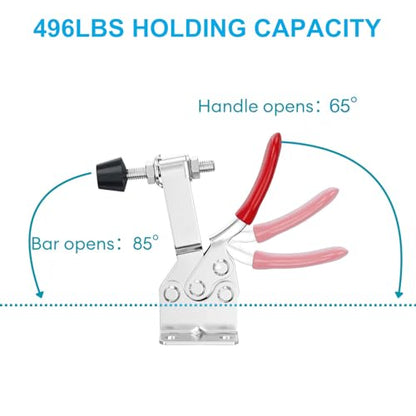 4Pcs Toggle Clamp, 496Lbs Holding Capacity Hold Down Clamp,225D Quick Release Horizontal Clamps Stainless Steel w/Rubber Pressure Tip for Woodworking Jigs and Fixtures, Welding, Drill Press - style: 225D