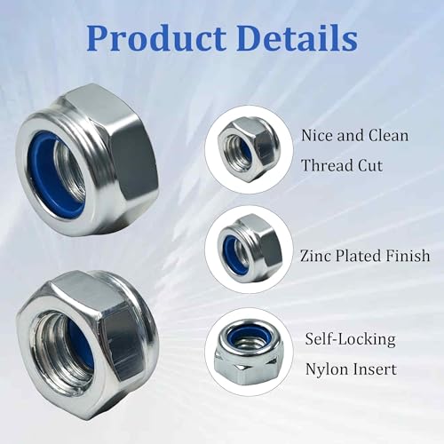 100PCS M8-1.25mm Hex Lock Nuts, Carbon Steel Nylon Insert Self-Locking Nuts, Zinc Plated Metric Fasteners for Automotive Machinery Equipment