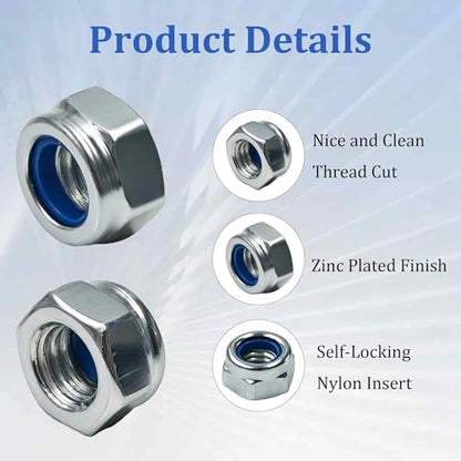 100PCS M8-1.25mm Hex Lock Nuts, Carbon Steel Nylon Insert Self-Locking Nuts, Zinc Plated Metric Fasteners for Automotive Machinery Equipment