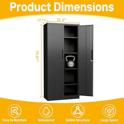 Metal Storage Cabinet with 2 Doors and 4 Adjustable Shelves, 71" Garage Storage Cabinet with Anti-Tipping Design, Lockable Garage Cabinets for Office, Home, Garage, Gym, School - size: 70.87"H x 15.75"D x 31.5"W