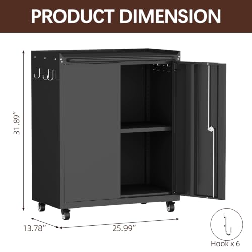 Garage Storage Cabinet with Wheels, Black Storage Cabinet with Adjustable Shelves, Rolling Cabinet with Dual-Side Pegboard, Tool Cabinets for Garage, Basement, Home Office - color: 32"h - Black